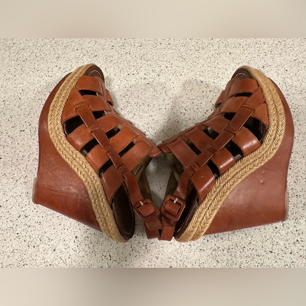 Christian Louboutin Barcelona Espadrille Wedge Brown Leather Sandals 38